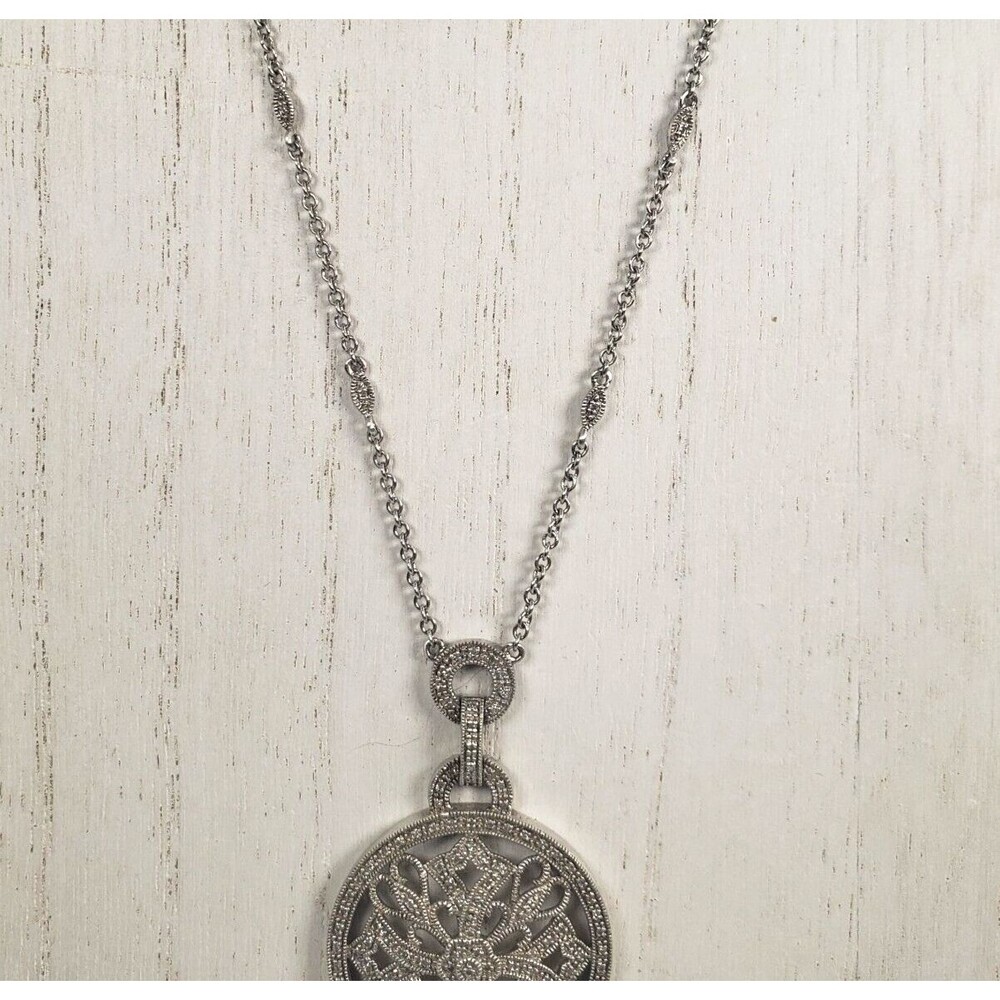 Vintage 925 Sterling Silver w Diamond Circle Cross Hearts Pendant Chain Necklace - Picture 9 of 16